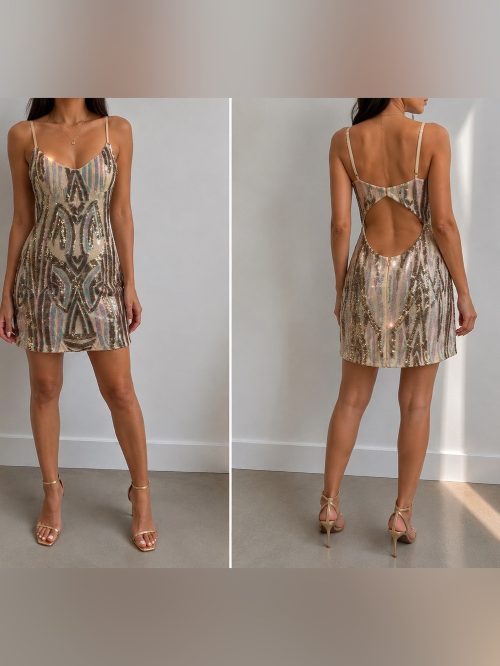 privy Gold Sequin Striped Cutout Mini Dress